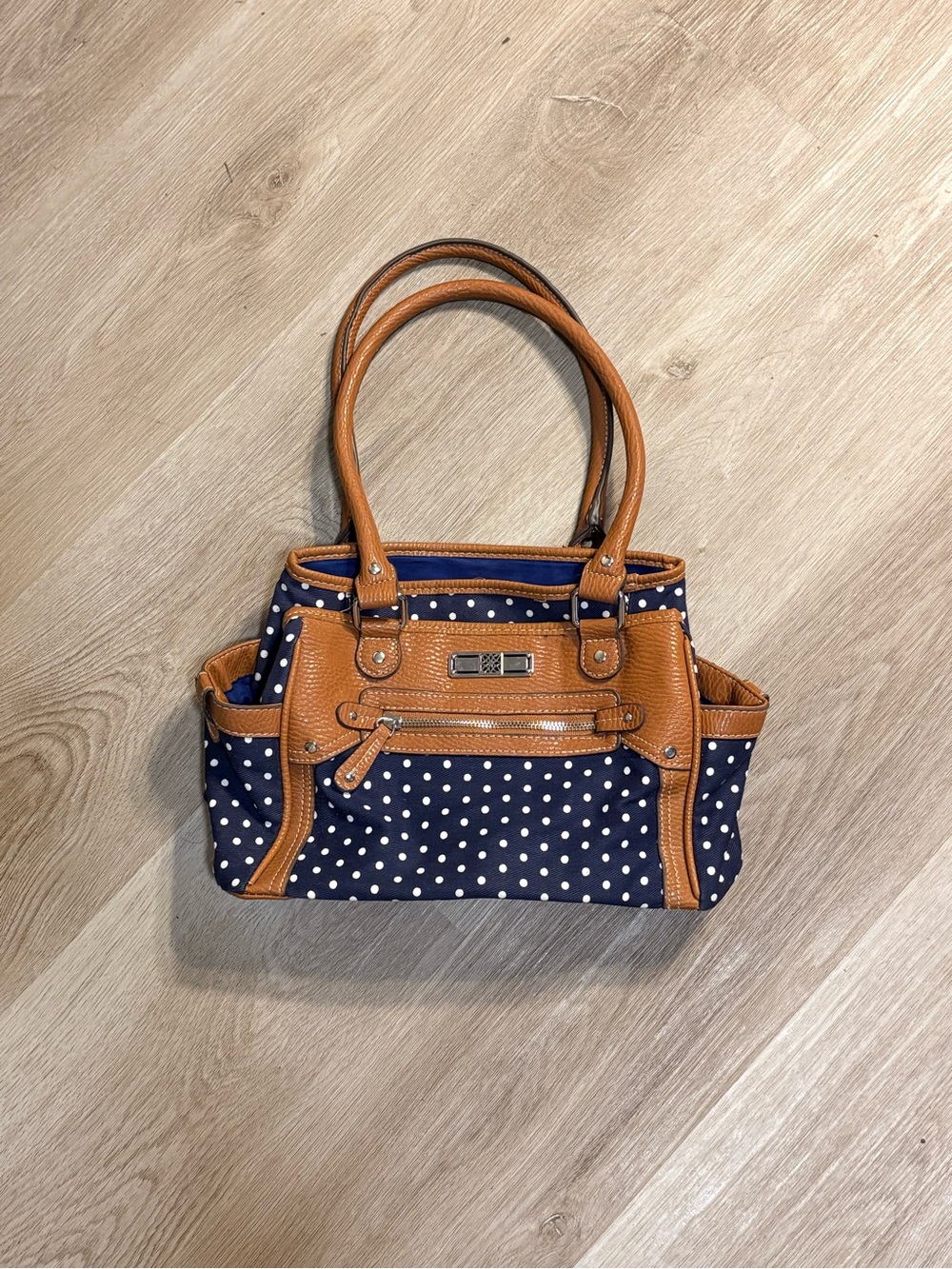 Navy Blue & Brown Shoulder Bag w/ White Polka Dots Purse Indie Twee Preppy Cute